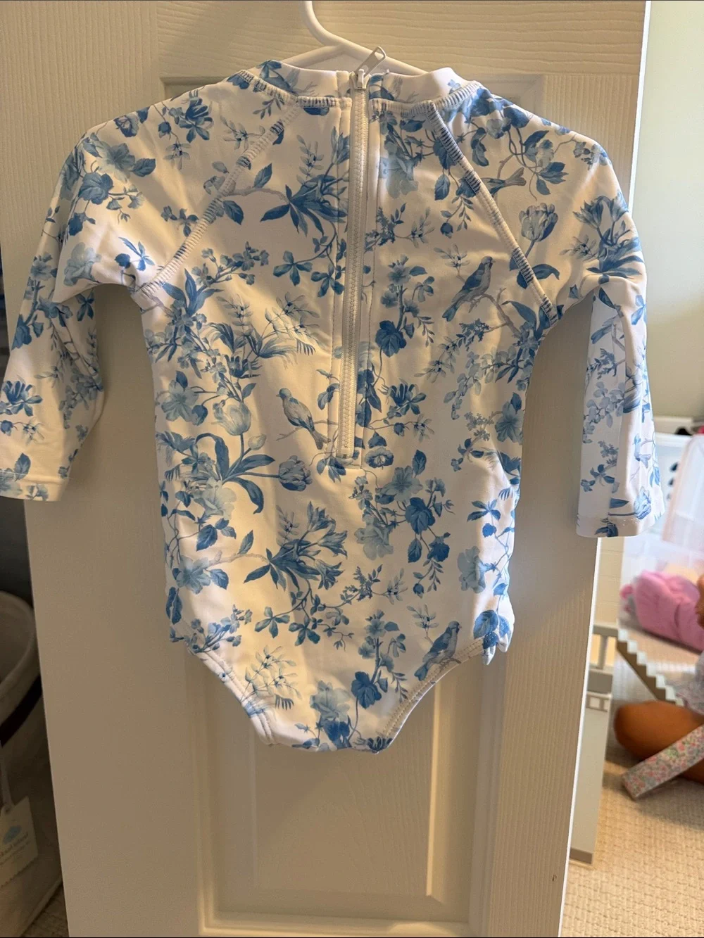 Edgehill Collection 12-18 Chinoiserie Blue White Floral Swim Rashguard Bathing